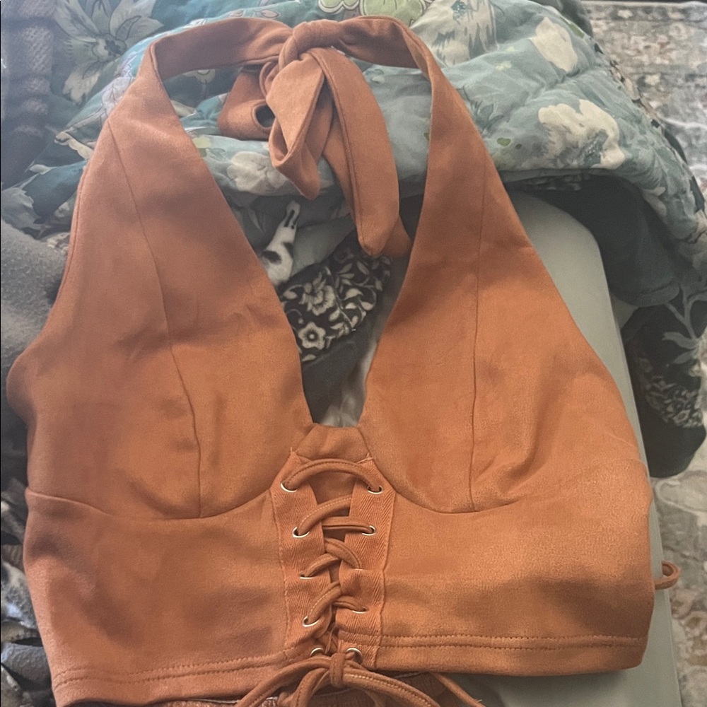 SHEIN Brown Velvet Halter Crop Top